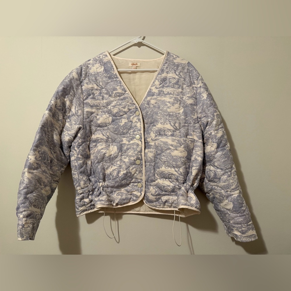 A. Peach Quilted Toile Print Jacket Blue White Snap Front Size L - Picture 4 of 8